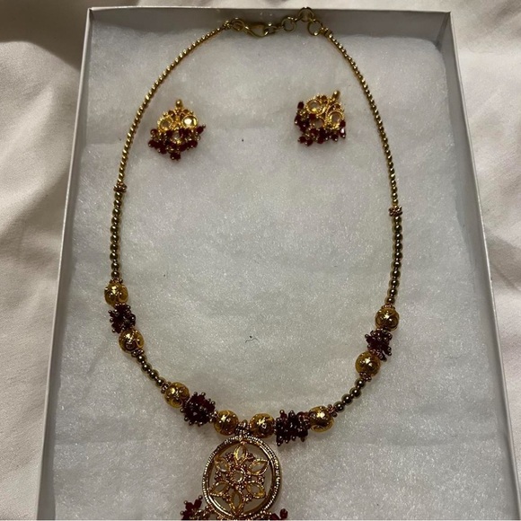 Burgundy and Gold Earrings and Necklace - Picture 2 of 2
